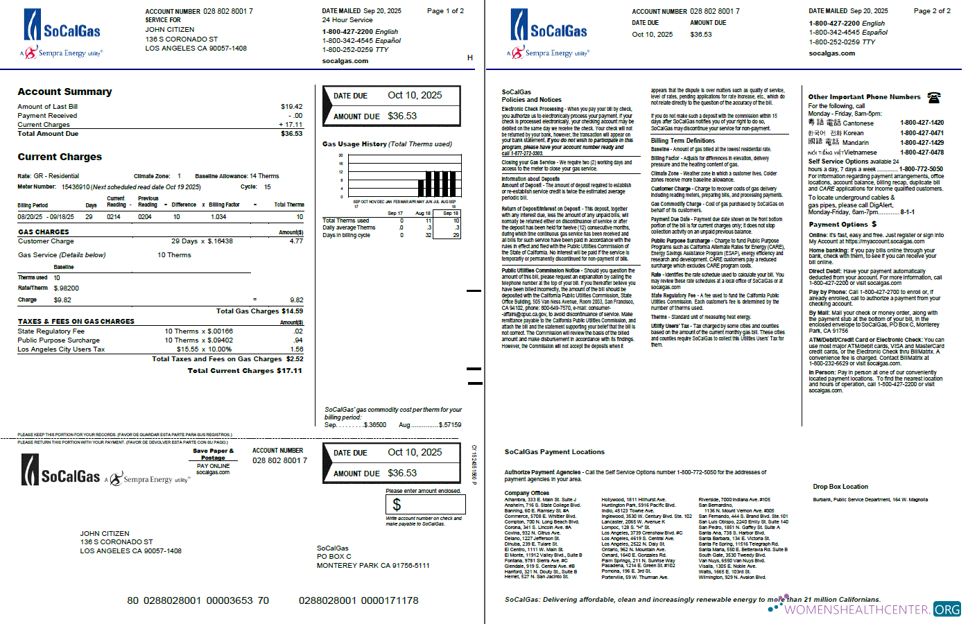 download USA So Cal Gas utility bill template in Word and PDF formats, 2 pages, version 2 PDF template
